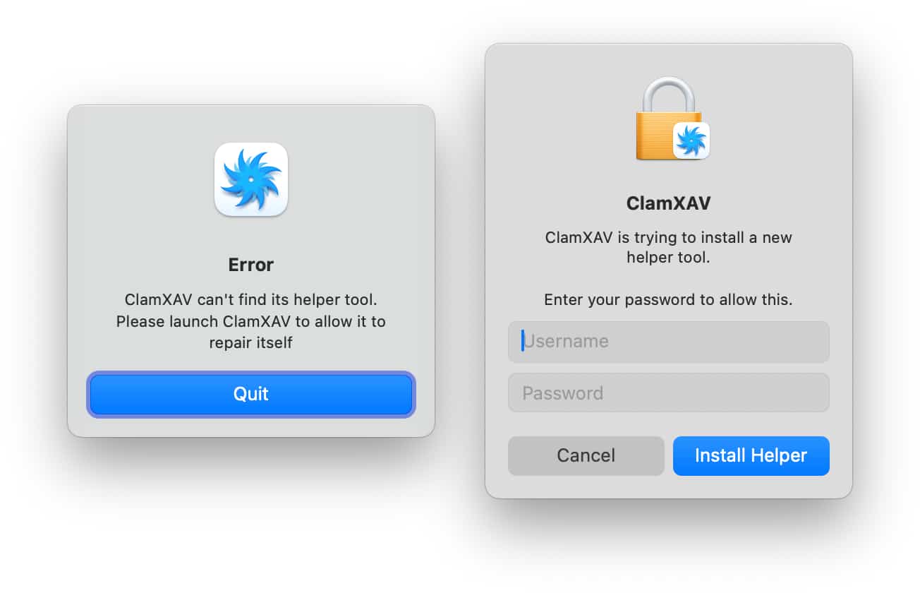 Error displaying a message saying ClamXAV can't find its helper tool